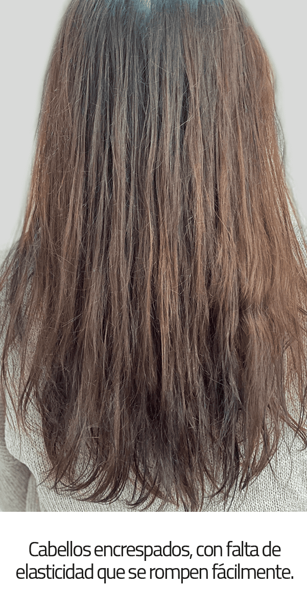 Frizzy hair, with a lack of elasticity that breaks easily.